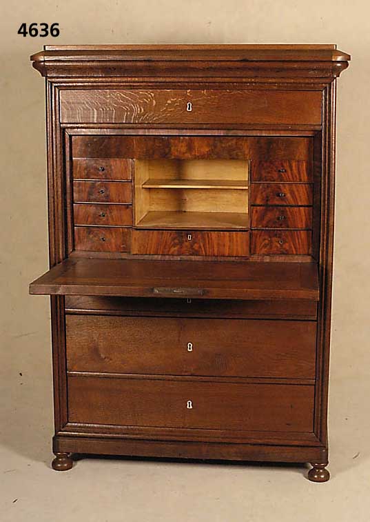 SchranksekretÄr, deutsch, um 1870, Korpus Weichholz, Eiche massiv, Eichefurnier, 3-schÜbig, Front sogenannte Rahmenfassung, profilierte Leisten, ...