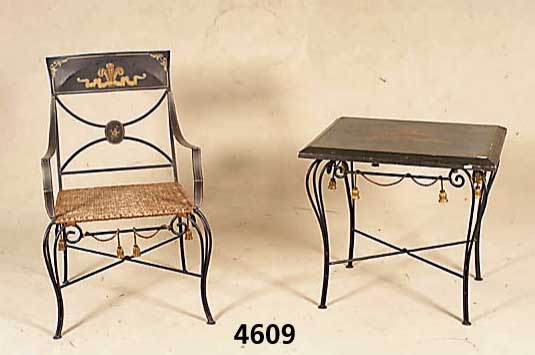 WintergartenmÖbel, im Stil von 1840/50, be- stehend aus Tisch und 2 ArmlehnstÜhlen, Barockstil mit Biedermeiereinfluß, Schmiede- eisen ...