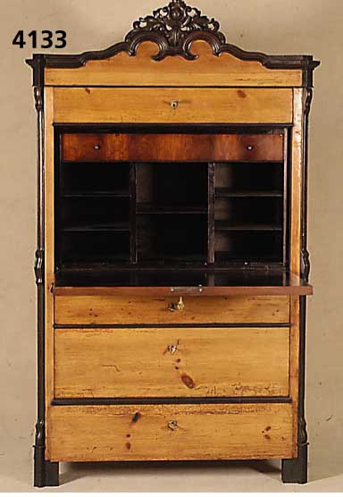 SekretÄr, mitteldeutsch um 1845/50, Korpus Weichholz, Kanten Buche massiv, Kiefer bzw. Zirbelkiefer vertikal angeordnet bzw. horizontal, Kanten ...