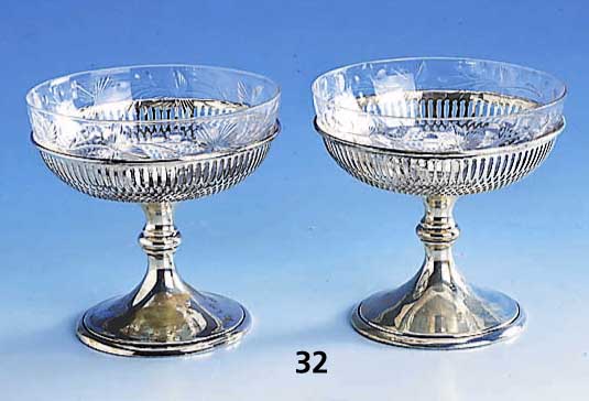 6 Dessertschalen, 925er silber, England, mit GlasseinsÄtzen, floral verziert, H. ca. 10 cm