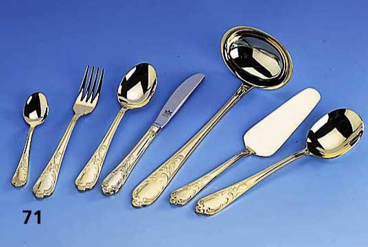Besteck fÜr 12 Personen, 24 kt hartverg., Solingen, best. aus: 12 Messer, 12 Gabeln, 12 LÖffel, 12 KaffeelÖffel, 12 Kuchengabeln, 2 ...
