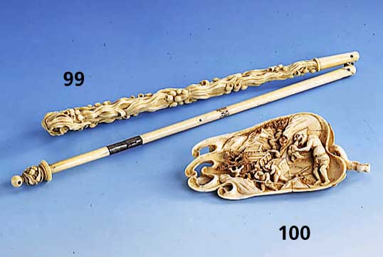 Sonnenschirm- /Beischirmstab, deutsch um 1900/05, Erbach, Elfenbein, hoher Griffteil mit MaiglÖckchendekor in asymm. Anordnung, Schirmspitze ...