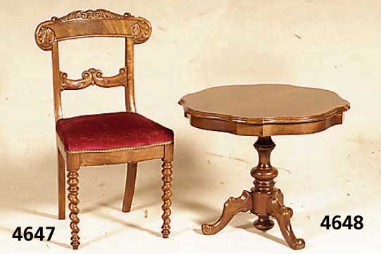 StÜhle, Holland, um 1870, Mahagoni massiv, reiche Drechselarbeit, RÜckenlehne mit leich- ter Schnitzerei, ca. 92x51x43 cm, Sh. ca. 49 cm