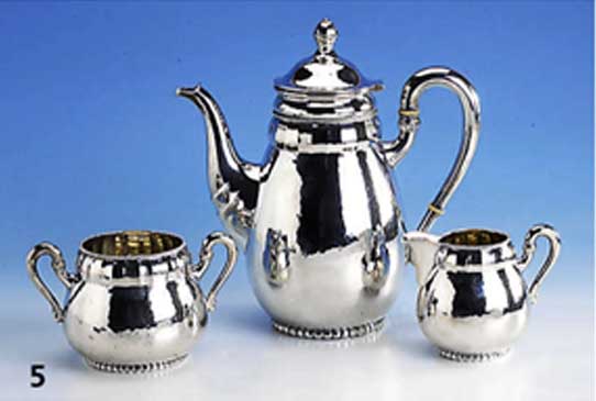 3-teiliges Kaffeeservice, Kopenhagen 1925, 830er Silber, Perlleistenverzierung, Hammerschlagverzierung, reine Treibarbeit, Wardeinmarke Heise, ...