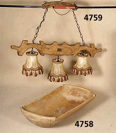 HÄngelampe, Spanien, um 1870/80, Trageteil Kastanie massiv, sogenanntes Doppeljoch, Lampen sekudÄr, drei Pavillion-Schirme mit ...