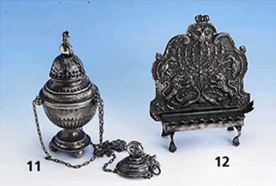 Chanukaleuchter, wohl deutsch/Österreich oder Schlesien? vor 1860, 12-lÖtig, Schmuckplatte: Darst. Doppeladler mit LÖwen, Delphinen und ...