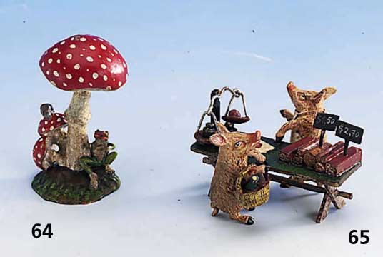 Wiener Bronze, singender Frosch unter Fliegen- pilz, Meistermarke FBW, Franz Bermann Wien, bunt staffiert, berieben, Vorbild von 1900, ...
