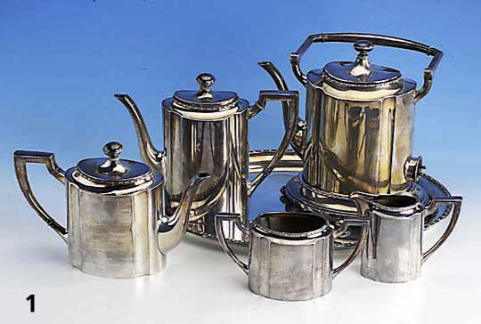 5-teil. Kaffee- und Teeservice auf Tablett, 800er Silber, Gebr. KÜhn SchwÄbisch-GmÜnd, um 1905/08, Perlleistenverzierung, best. aus: ...