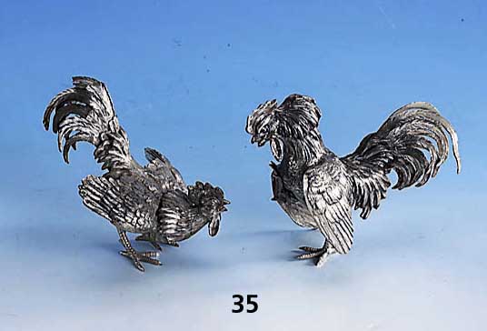 Tischdekoration Hahn und Henne, Silber, geprÜft, total ca. 450 g, naturalist. Aus- arbeitung, Gebr.-Sp. bzw. min. besch., sehr dekorativ