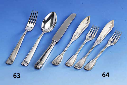Fischbesteck fÜr 7 Personen, deutsch 800er Silber, Wilkens Bremen 30er Jahre, Barockstil, Fadenverzierung, total ca. 695 g, best. aus: 7 Gabeln ...