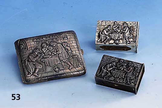 Konvolut Zigarettenetui, 2 StreichholzbehÄlter m. Personenstaffage, 800/830er Silber, wohl Hanau um 1900, bÄuerliche Szenen nach Ostade, zus. ca. ...