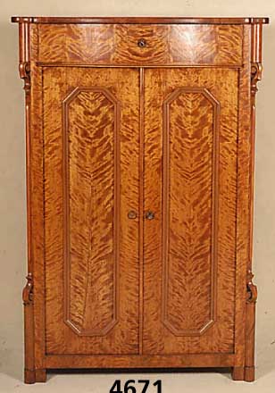Vertiko, mitteldt., um 1850/60, Front und RÜcken auf Rahmen gearbeitet, Weichholzkorpus, Birkewurzelfurnier z.T. gespiegelt, Seitenkan- ten ...