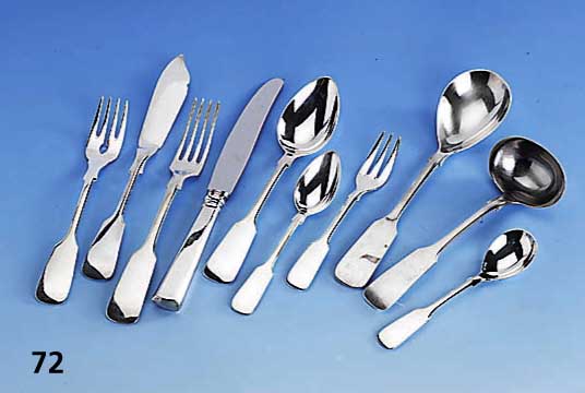 64-teiliges Besteck, 800er Silber, Spatenform, best. aus: 6 Menuemesser, 6 Menuegabeln, 6 SuppenlÖffel, 6 KaffeelÖffel, 6 Kuchengabeln, 6 ...