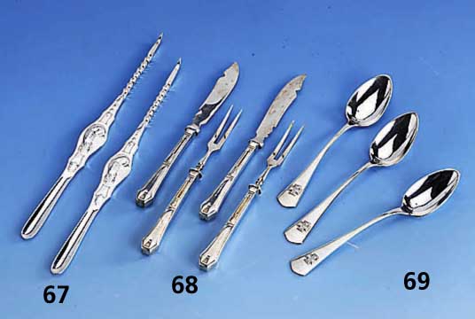Obstbesteck fÜr 6 Personen, um 1900, Jugendstil, Silber gepr., Griffe gefÜllt, Gebr.-Teile Stahl, stilrein, sammelw., best. aus: 6 Messer und 6 ...