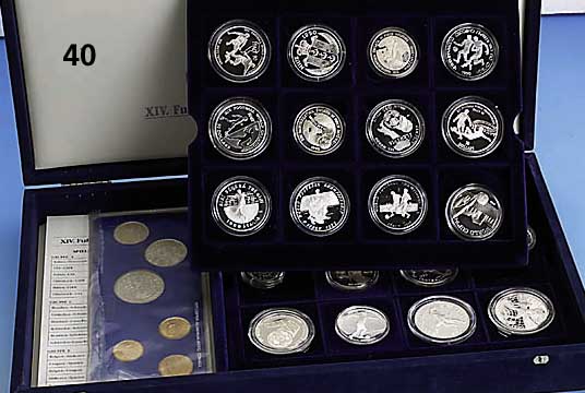 SilbermÜnzen, 34 StÜck, Fußballweltmeister- schaft, 1990 in Italien, alle in hÖchster Perfektion, PP, jede MÜnze mit Echtheits- zertifikat, ...