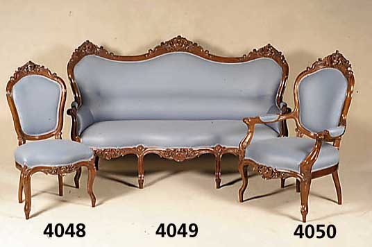 6 StÜhle, sÜddeutsch, um 1860/70, Gestell Mahagoni massiv, in sich 3-fach geschweift, reich mit floralen Schnitzereien verziert, gerieft, ...