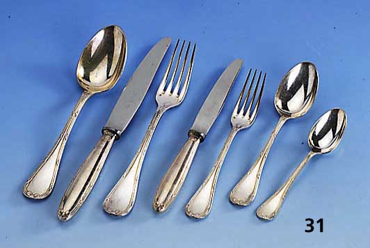 52-teiliges Besteck CHRISTOFFLE, Metall versilbert, Louis-Seize-Dekor, Schleifen- verzierung, best. aus: 12 MenuelÖffel, 12 Menuegabeln, 12 ...