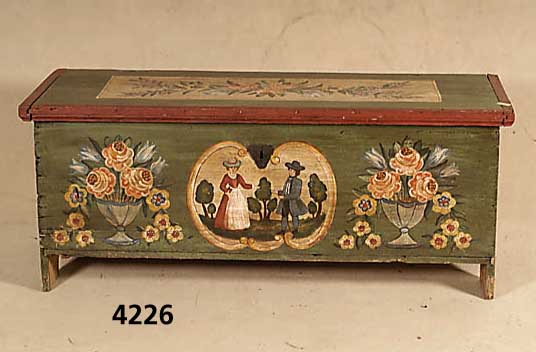 Linnentruhe, deutsch, um 1850/60, WH, bunte Bemalung, Malerei u. Fassung z.T. sekundÄr (um 1900/10), original BeschlÄge u. Schloß, zierlich, ...