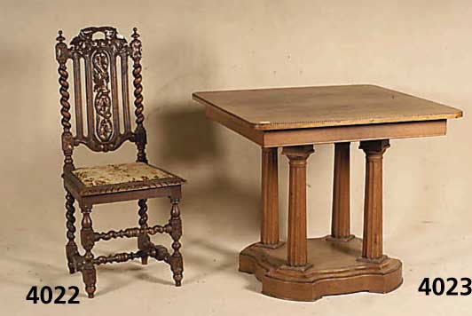 Tisch, wohl deutsch, um 1920, Eiche massiv und furniert, Tischsockel in geometrisch ge- schwungener Form, 4 StÜtzsÄulen mit LÄngsril- ...