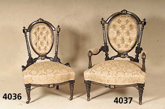4 StÜhle, England, viktorianisch um 1870/80, Korpus wohl Buche, geschwÄrzt, vergoldete Metallappliken, aufwendige Drechselarbeit, RÜcken 3-fach ...