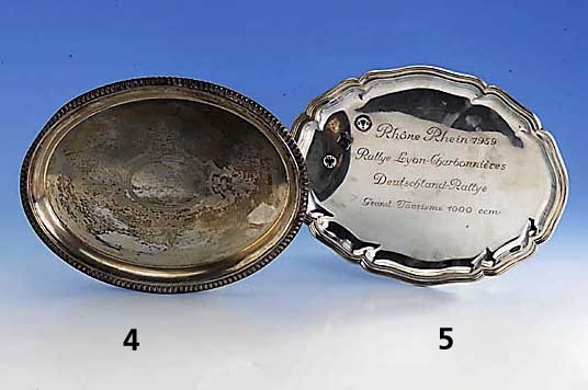 Ovales Tablett, Wilkens Bremen, 30er Jahre, 835er Silber, mit aufgelegten emaill. Emblemen von Automobilvereinen (ADAC, ACR und AVD) und ...