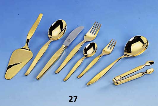 Besteck fÜr 12 Personen, Solingen, 24 kt- hartverg., 70er Jahre, Rautenmuster, best. aus: 12 Messer, 12 Gabeln, 12 LÖffel, 12 KaffeelÖffel, 6 ...