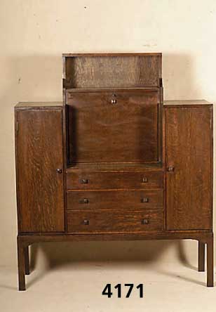 Schreibschrank, England, 30er/40er Jahre, Eiche massiv, Eichefurnier, englisches ArtDeco, praktische Einteilung, leicht ver- zogen, zeittypisch, ...
