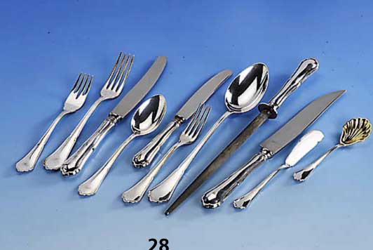 Besteck fÜr 12 Personen, BSF 30er Jahre, 800er Silber, best. aus: 12 Messer (Griffe gefÜllt, Klingen Stahl), 12 Gabeln, 12 FrÜhstÜcksmesser ...