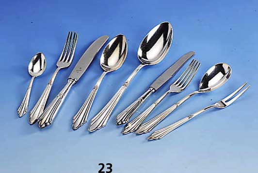 86-teiliges Besteck, WMF nach 1922, FÄcher- muster, 90er Silberauflage, best. aus: 12 Messer, 12 Gabeln, 12 LÖffel, 12 FrÜhstÜcksmesser, 12 ...