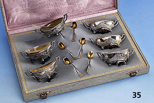 6 SalschÄlchen mit LÖffeln, 800er Silber, deutsch, um 1900, Wilkens Bremen, Vertrei- ber Julius Herz, Wiesbaden, klassisch, Rester alter ...