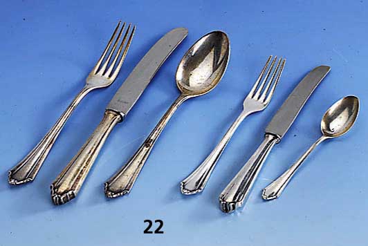 Besteck fÜr 6 personen, deutsch, BSF, 800er Silber, 30er Jahre, best. aus: 6 Messer (Griffe gefÜllt, Klingen Stahl), 6 Gabeln, 6 LÖffel, 6 ...