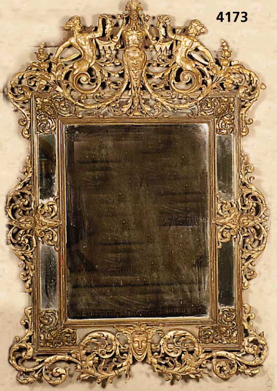Großer Prunk-Wandspiegel, Barockstil, um 1860/ 80, Holz stuckiert (gefaßt) vergoldet/pati- niert, Umrandung reich verziert m. alegorisch- en ...