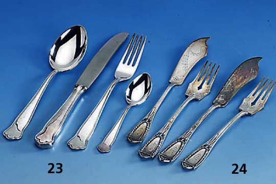 Fischbesteck, 800er Silber, deutsch um 1900, BSF = Bremer Silberwaren-Fabrik, best. aus: 6 Gabeln, 5 Messern, klass., Jugendstil grav., zisel., ...