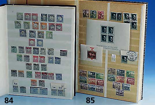 Briefmarken, Deutschland 3. Reich 1933/45, doppelt gesammelte Sammlung mit vielen kom- pletten SÄtzen, Braunen und Blauen BÄndern etc., in ...