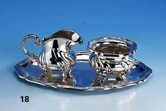 Zuckerschale und Sahnegießer auf Tablett, deutsch um 1900, 800er Silber, Handarbeit, Barockstil, Tablett ca. 23 x 16 cm, ca. 475 g