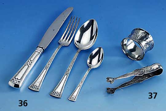 Konvolut: Serviettenring und Zuckerzange, Metall versilbert, um 1900, reiner Jugendstil, 1 x sign. WMF, 1 x wohl WMF, samemlw., Gebr.-Spuren
