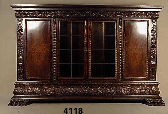 PrunkbÜcherschrank, deutsch, 1952, im Renaissancestil, Korpus Weichholz/Hartholz, zum grÖßten Teil auf Rahmen gearbeitet, Front und Seiten ...