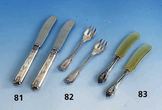 12 Austerngabeln mit integrierten Messern, deutsch um 1890/1900, Bruckmann & SÖhne, 800er Silber, z.T. mit Monogr.