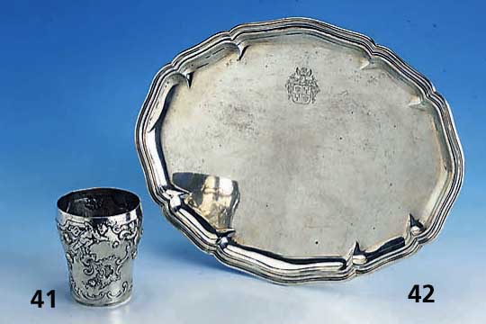 Tablett, Koch & Bergfeld um 1900, 800er Silber, Vertreiber Zaun, Barockstil mit Adelswappen, total ca. 435 g, Gebr.-Sp.
