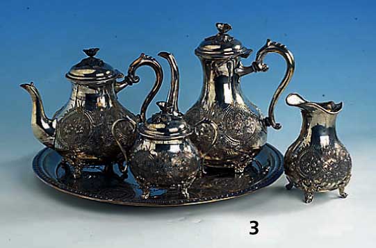 Kaffee- und Teeset, deutsch um 1890/1900, B. Ploch?, Metall versilbert, Barockstil, feiner Guß nachgestochen, BlumenbekrÖnung, sehr Prunkvoll, ...