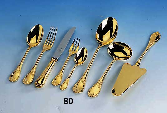 45-teiliges Besteck, CHRISTOFLE, Paris, Metall vergoldet, Barockstil, best. aus: 6 Messer, 6 Gabeln, 6 LÖffel, 6 KaffeelÖffel, 6 MoccalÖffel, ...