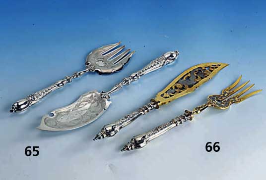 2-teiliges Fischvorlegebesteck, WMF, deutsch 1895, Arbeitsteile grav.: Fisch und Rocaillen