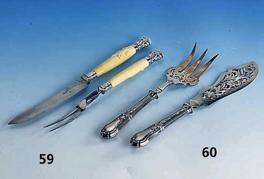 Tranchierbesteck, England, Sheffield um 1900, Arbeitsteile Stahl, Griffe Sterlingsilber und Elfenbein