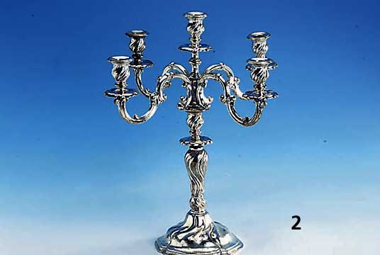Prunk-Kerzenleuchter, Italien um 1935, 830er Silber, Barockstil, 5 Brennstellen, ungefÜllt, ca. 1460 g, H. ca. 46 x 40 cm, l. verbogen