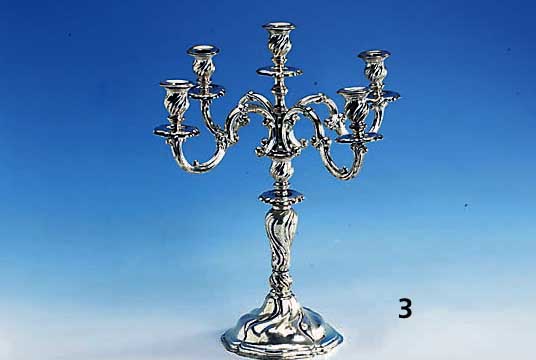 Prunk-Kerzenleuchter, Italien um 1935, 830er Silber, Barockstil, 5 Brennstellen, ungefÜllt, ca. 1460 g, H. ca. 46 x 40 cm, l. verbogen