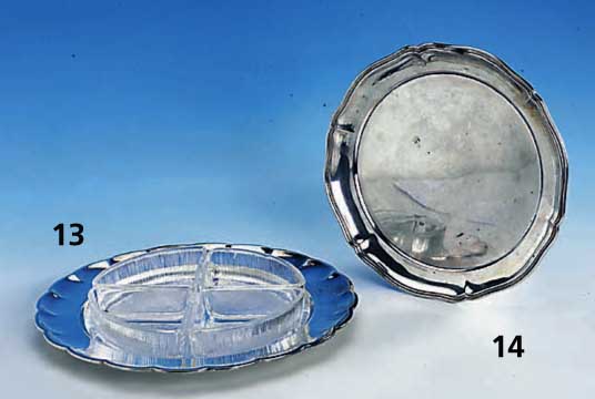 GebÄck-Anbietschale, deutsch 830er Silber, Gebr. Deyhle SchwÄbsich GmÜnd, D. ca. 32 cm, ca. 675 g, 4 Glaseinsatze