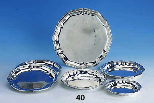 Konvolut 6 Anbietschalen bzw. Teller, deutsch 30er Jahre, 830er Silber, Wilkens Bremen, total ca. 790 g, D. ca. 11 - 21 cm
