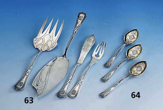 Fischbesteck fÜr 6 Personen, deutsch, WMF um 1900, Legierung 1/0, reiner Jugendstil, Bes.-Monogr. GK, best. aus: 6 Messer, 6 Gabeln und ...