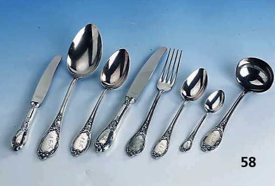 99-teiliges Besteck, deutsch um 1955, 925er Silber, fÜr den amerik. Markt gemacht, Bes.-Monogr. AEK, best. aus: 12 Messer (Griffe gefÜllt, ...