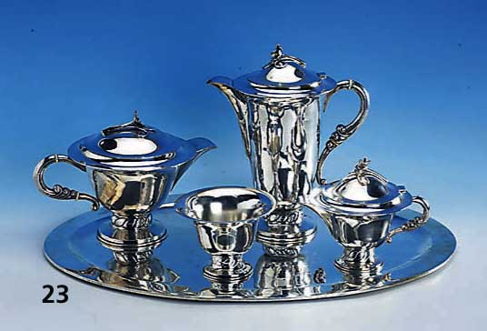 4-teiliges Kaffee- bzw. Teeservice, auf Tablett: 925er Silber, reiner Handarbeit, Mexiko 60er Jahre, handgetrieben, total ca. 4030 g, ...